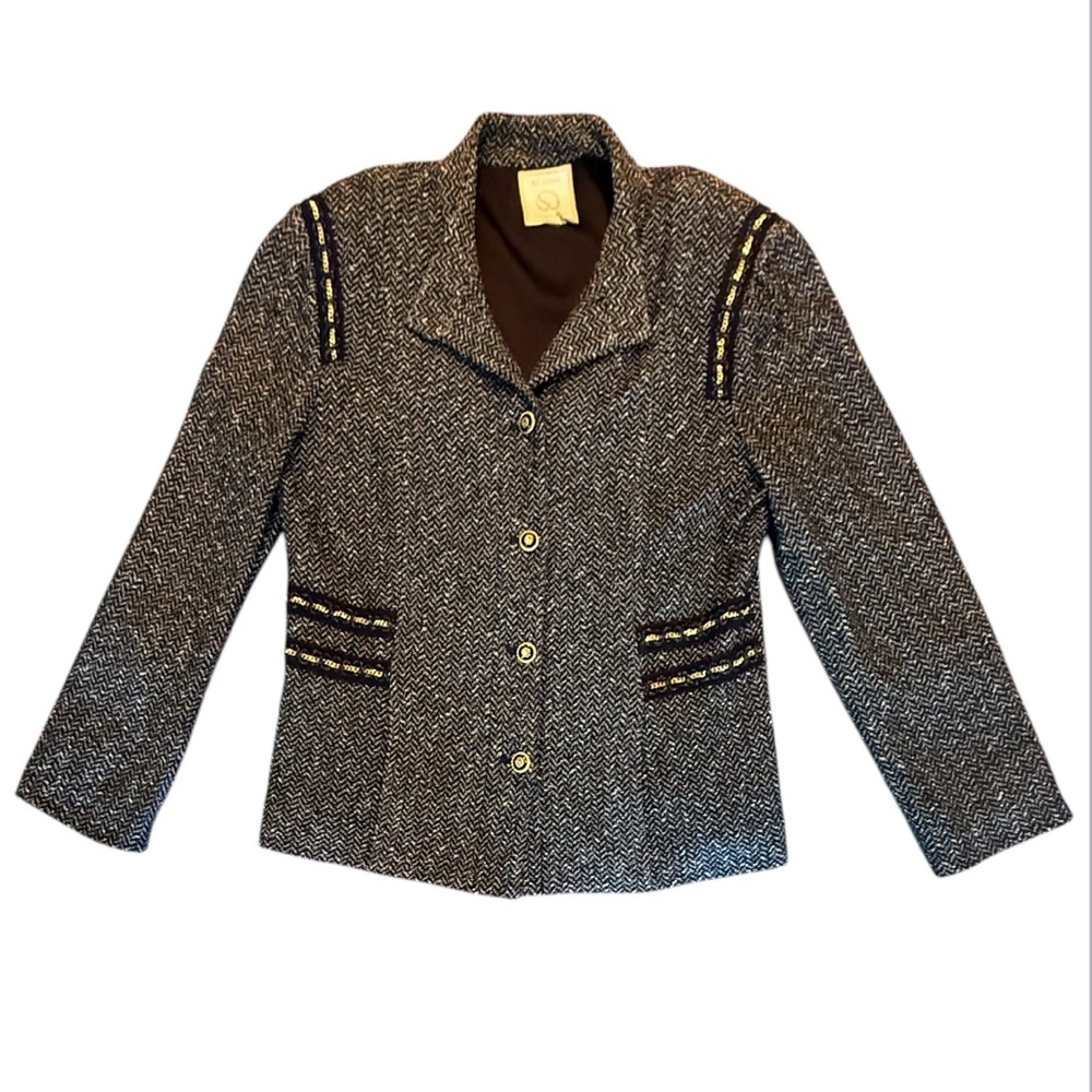 St John Couture Black/Gold Women's Tweed Button Jacket Blazer Size Medium $895